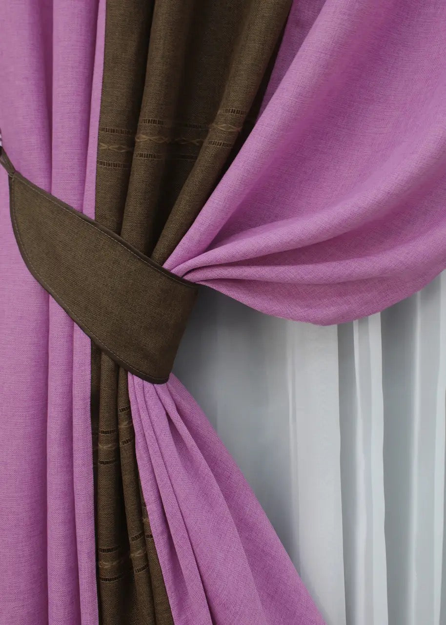 Elegant two-tone pink and brown linen burlap curtains with a natural drape for a timeless look.
