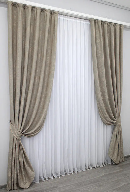 Stylish cappuccino jacquard curtains, designed with 70% light-blocking fabric for privacy while allowing soft natural light.
