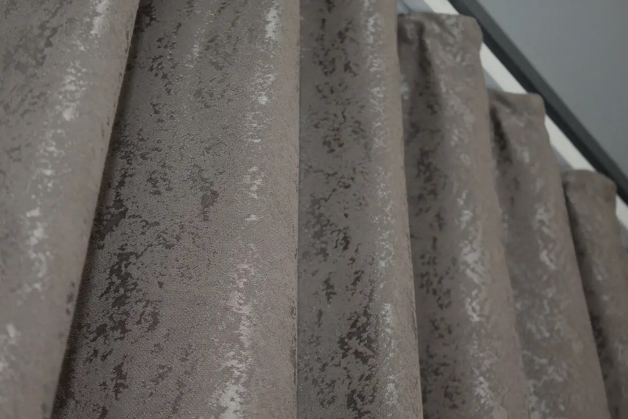 Contemporary brown-grey marble-patterned linen curtains, ideal for minimalist and sophisticated interiors.
