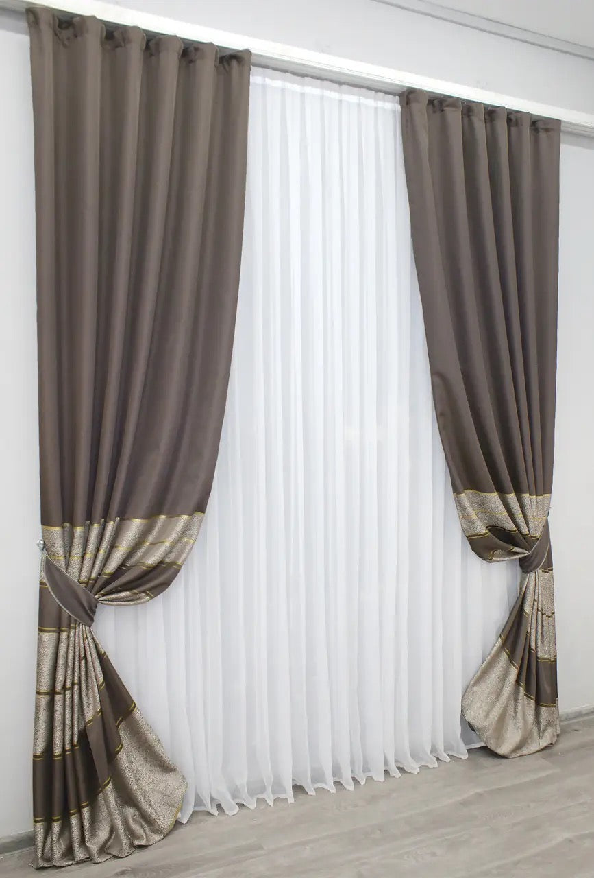 Sophisticated cappuccino curtains with delicate gold detailing, ideal for stylish living rooms.
