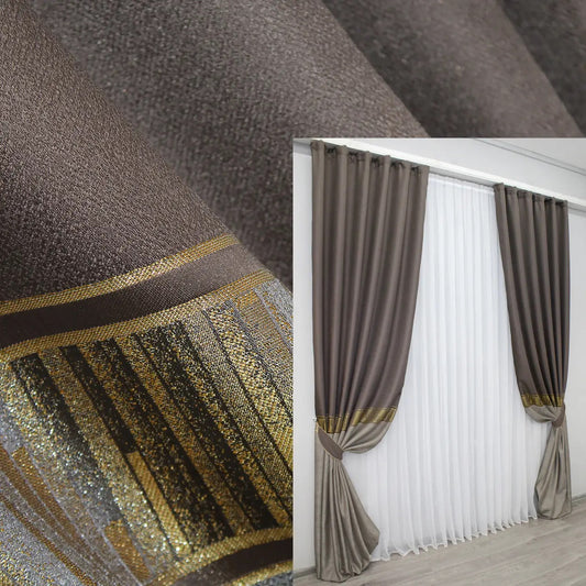 High-quality linen curtains in deep brown with golden trim, designed for stylish and elegant interiors.
