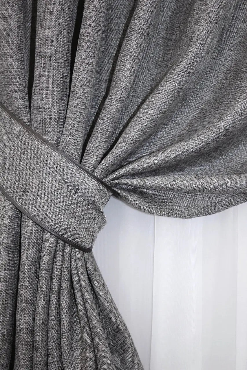 Stone grey burlap-style linen curtains with a warm modern aesthetic, designed for eco-friendly and minimalist interiors.
