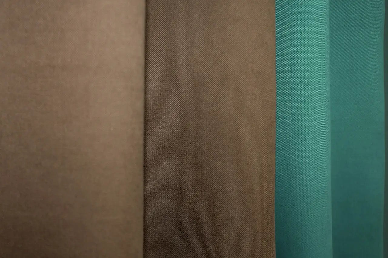 Turquoise (Teal, Aqua) and brown (Chocolate, Mocha) combined microvelvet curtains featuring a bold yet refined contrast for luxury interiors.
