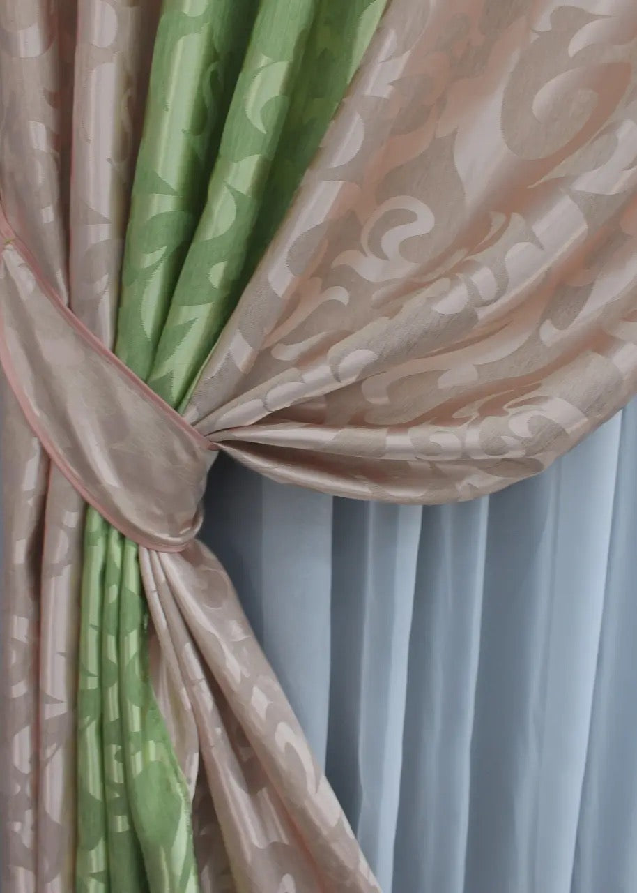 Chic powder pink and lime green combined jacquard curtains, offering both soft elegance and a refreshing pop of color for modern home décor.
