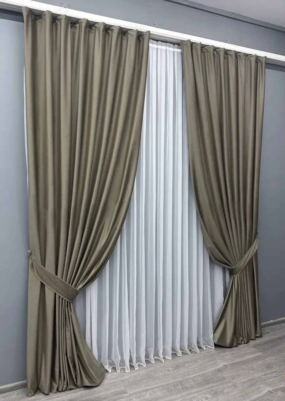 Taupe premium velvet curtains with plush texture, reducing glare and enhancing room ambiance.
