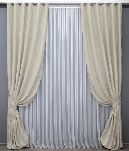 High-quality textured jacquard curtains with a neutral matte finish.
