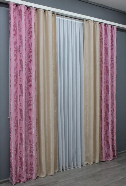 Timeless pink and beige blackout curtains offering soft elegance and perfect for modern home decor.
