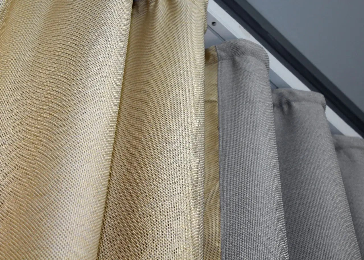 Classic and stylish light grey and beige linen blackout curtains designed for a modern, relaxed ambiance with effective light control.
