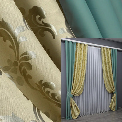 Turquoise and beige combined blackout curtains offering a modern two-tone design for a luxurious and balanced aesthetic.
