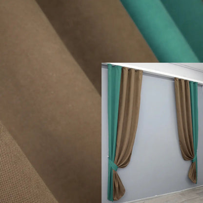 Turquoise (Teal, Aqua) and Brown (Chocolate, Mocha) combined microvelvet curtains with a luxurious two-tone design, perfect for modern home interiors.
