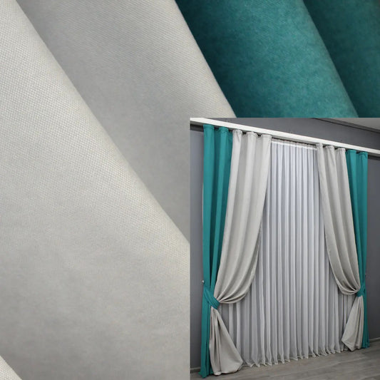 Turquoise and light grey combined microvelvet curtains from the "Sparta" collection, offering a luxurious feel and sophisticated color contrast for modern interiors.
