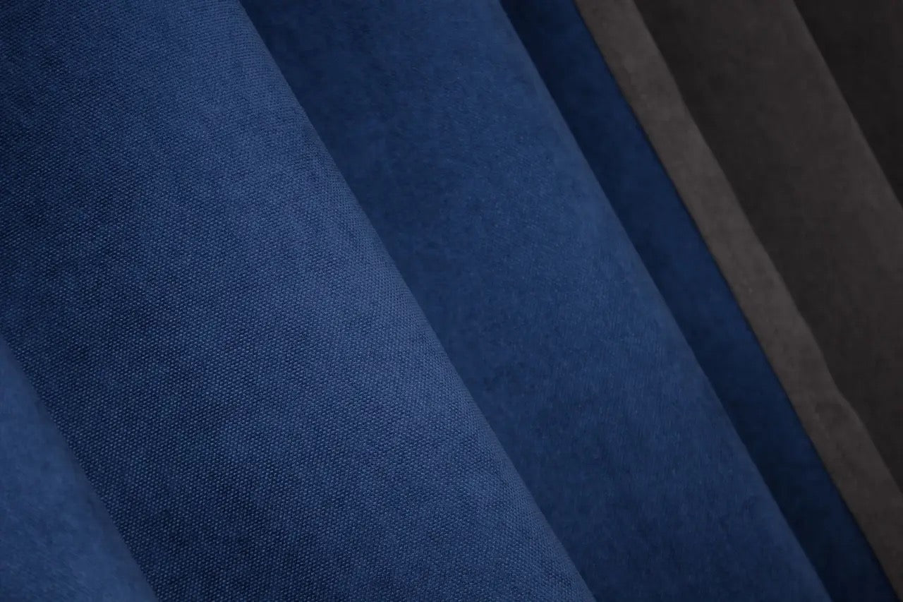 Two-tone grey and blue combined microvelvet curtains with a plush texture for a chic and modern look.
