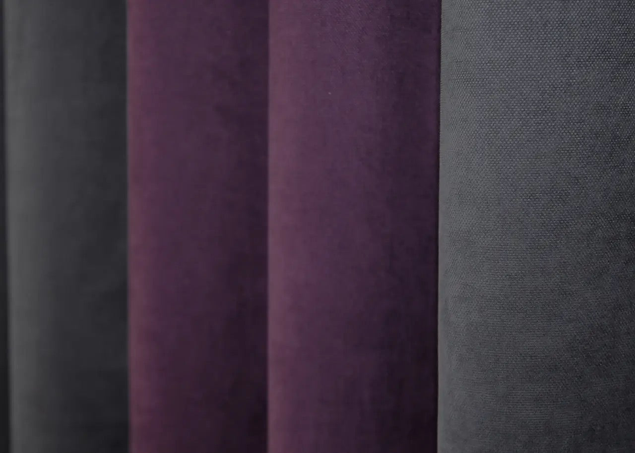 Two-tone graphite and deep plum combined microvelvet curtains, adding a touch of luxury and elegance to your home decor.
