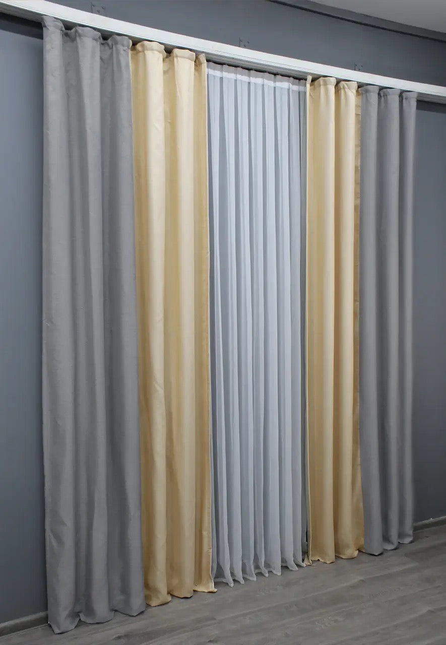 Soft and neutral light grey and beige combined linen blackout curtains, designed to create a cozy and inviting atmosphere.
