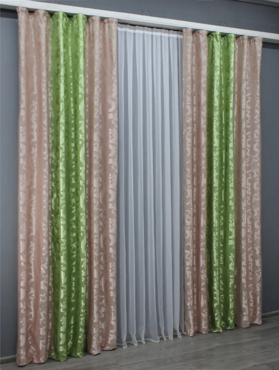 Stylish two-tone powder pink and lime green jacquard curtains designed to bring a delicate yet striking contrast to your living room or bedroom.
