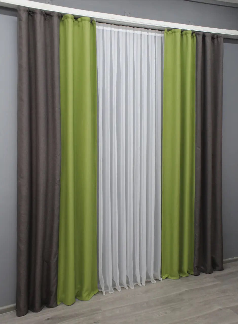 Vibrant lime green combined with grey-brown linen blackout curtains, designed to enhance contemporary and rustic spaces with a pop of color.
