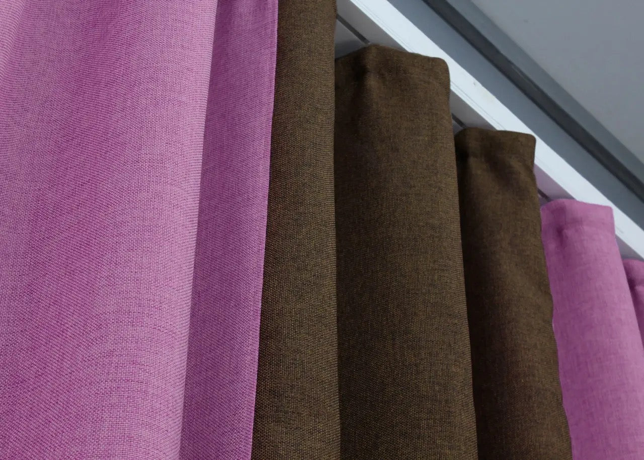 Premium pink and brown linen burlap combined curtains, ideal for cozy, welcoming interiors with a blend of subtle elegance and depth.
