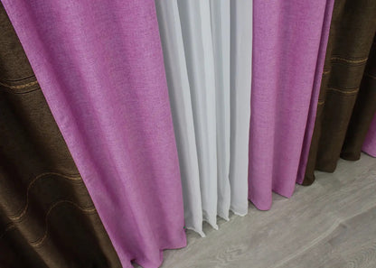 Two-tone pink and brown combined linen curtains, crafted with high-quality linen burlap fabric for a smooth and refined texture.
