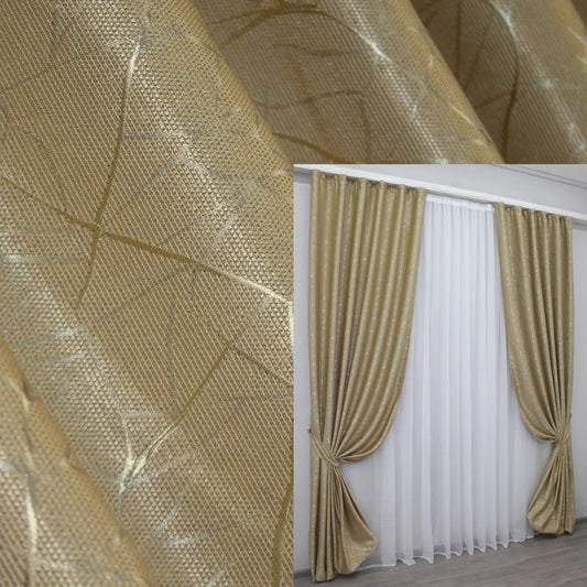 Warm sand-coloured linen curtains with a textured weave, perfect for rustic and modern interiors, providing soft light diffusion.
