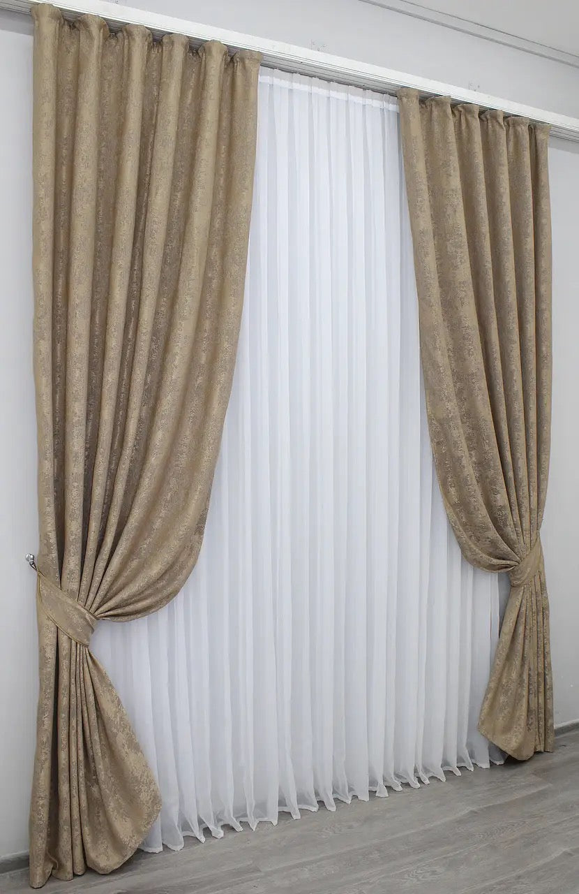 Stylish soft cappuccino jacquard curtains offering a neutral yet elegant tone, ideal for living rooms and bedrooms.
