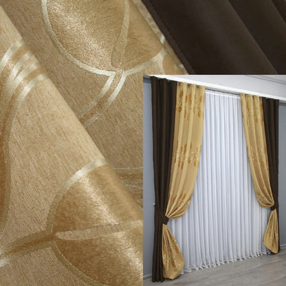 Wenge brown (dark brown, chocolate) and gold (bronze, brass) combined blackout jacquard curtains with a luxurious two-tone design, perfect for modern home interiors.
