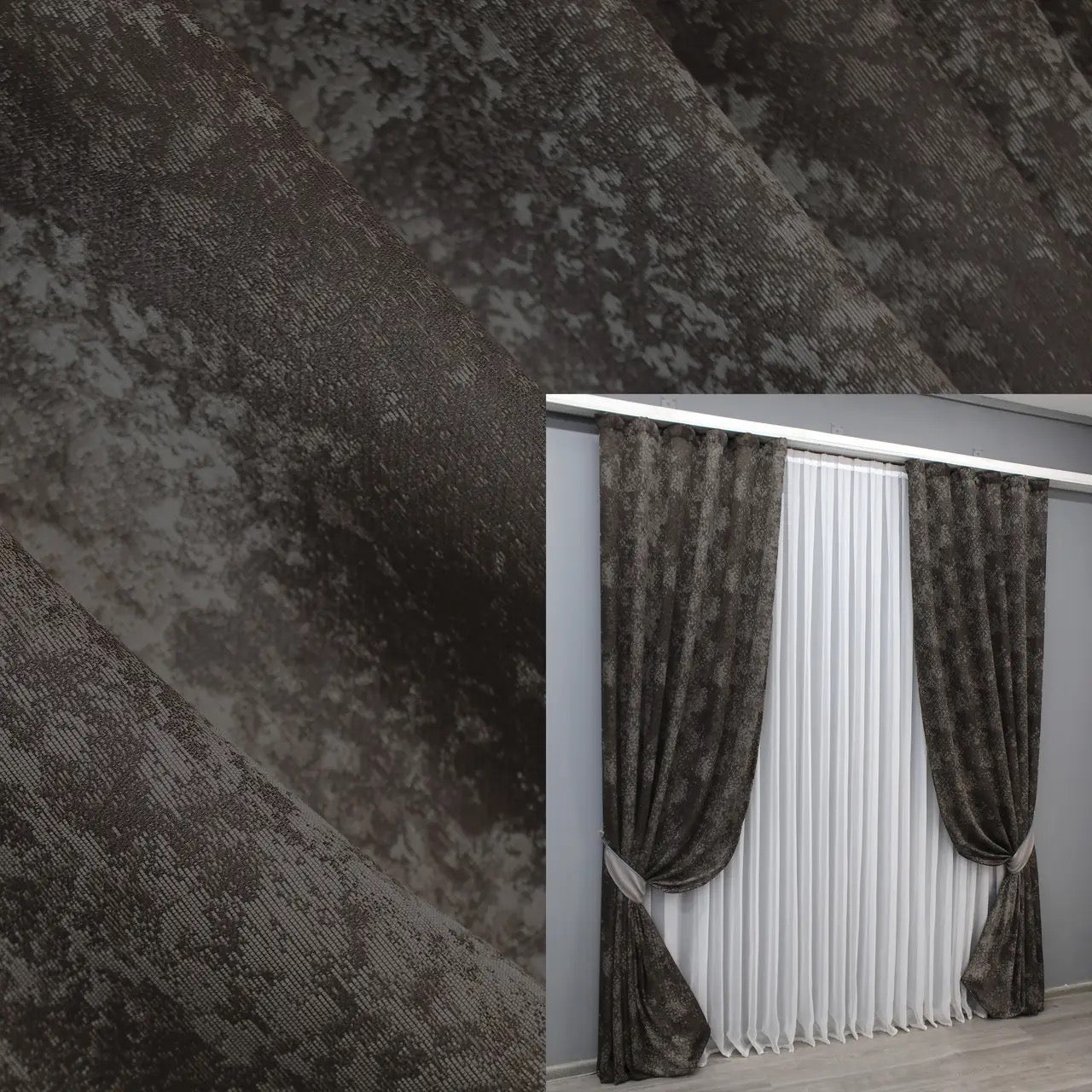 Elegant wenge and grey linen curtains with a soft marble pattern, ideal for modern and classic interiors.
